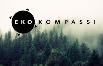 Kuvituskuva, jossa on Ekokompassin logo ja metsää.